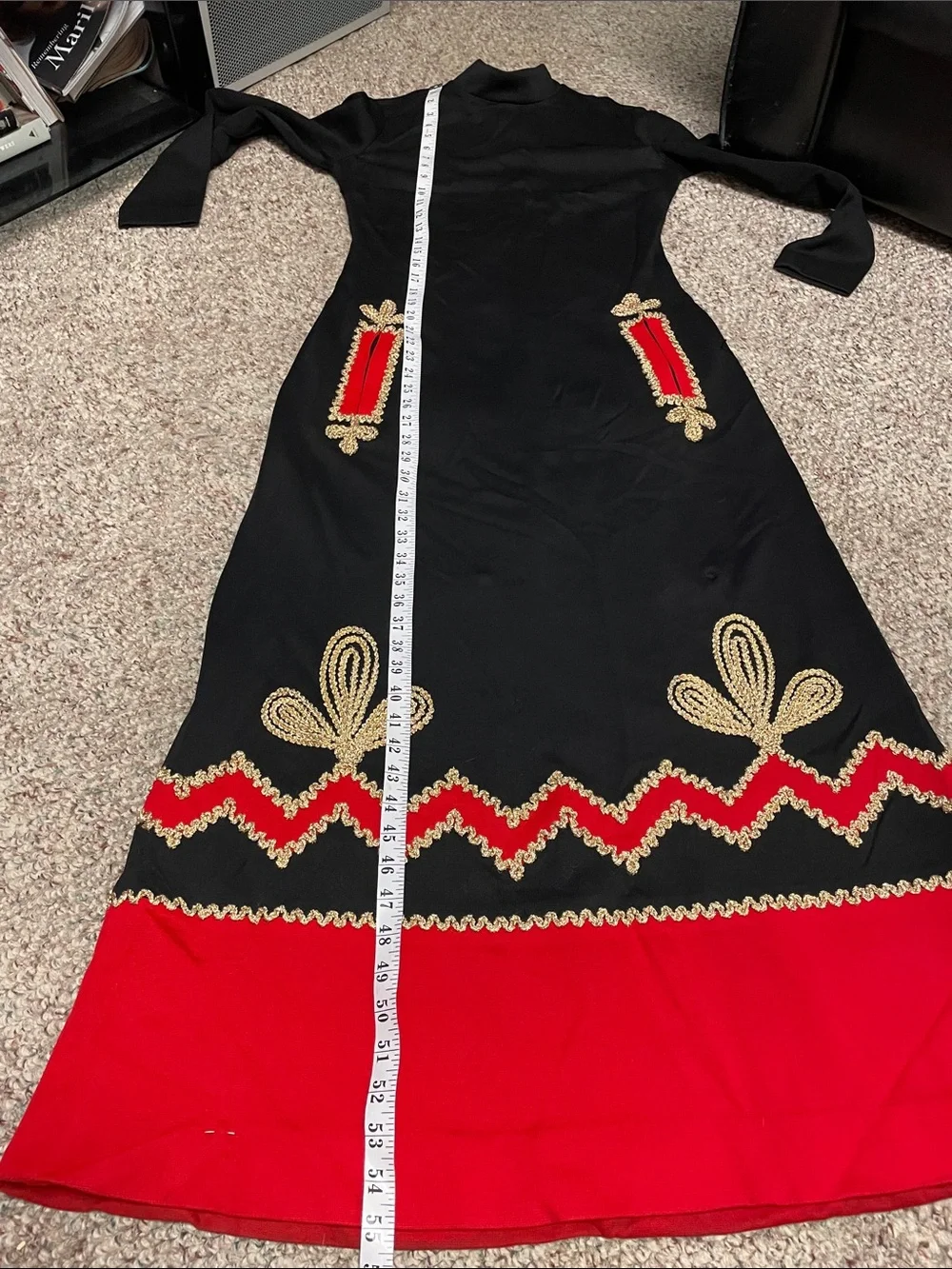 Vintage 60s/70s Black/Red/gold ribbon Maxi gown Dress - Women's Long Sleeve - Picture 7 of 10